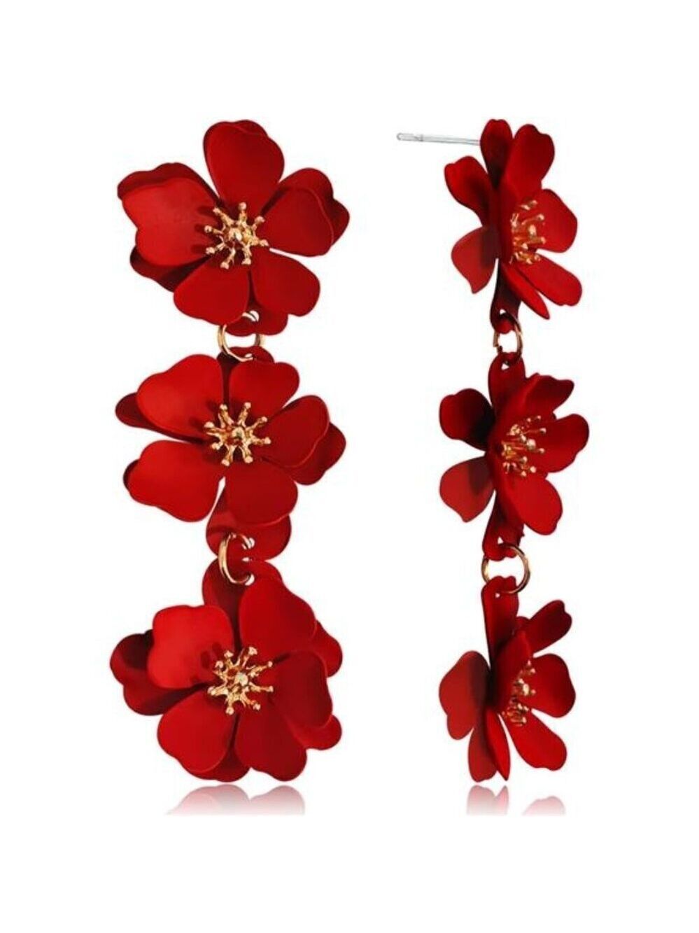 Matte Triple Flower Drop Earrings Long Floral Dangle